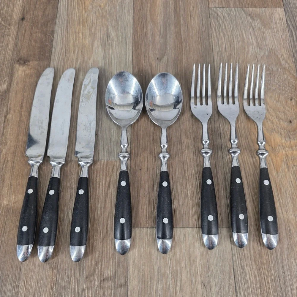 Vtg 8 Pc Stainless Steel Flatware Set Black Rivet Handles Knives Forks Spoons